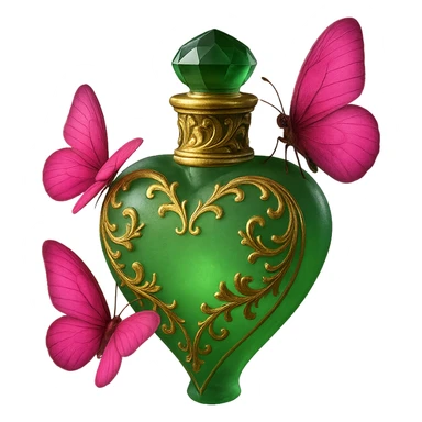 Enhance the butterflies to be more vivid and brighter while maintaining the matte glass style. Improve the green bottle with golden details and pink butterflies, making the design cleaner and more elegant. sticker