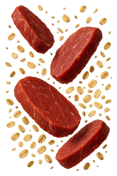 FETTINE DI CARNE FLUTTUANO IN ARIA INSIEME A FIOCCHI DI AVENA, IPERREALISTICO 4K sticker