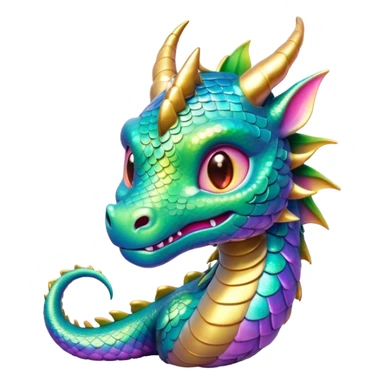 Cinematic Cute Dragon Portrait Emoji, Head tilted playfully and inquisitively, with a sleek, serpentine body adorned in iridescent scales and a charming, expressive face featuring subtle, delicate horns, round, sparkling eyes brimming with curious magic, Simplified yet irresistibly adorable features, highly detailed, glowing with a warm, enchanting glow, high shine, affectionate and mystical, stylized with a touch of whimsical fantasy, soft glowing outline, capturing the essence of a mischievous yet loving dragon that feels like it could slither out of the screen into your arms! sticker