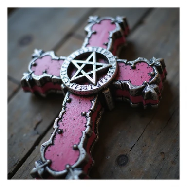 realistic gothic cross, pink with a silver pentagram, photorealistic style sticker