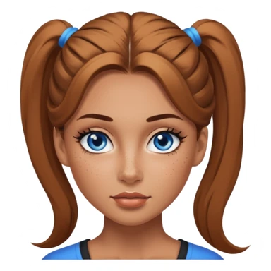 Attractive Woman with tan skin, baddie style, blue eyes, wide face, freckles, and a long voluminous ponytail and dark eye makeup sticker