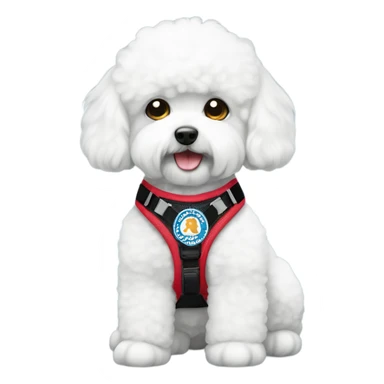 A cute Bichon wearing a service dog harness sticker
