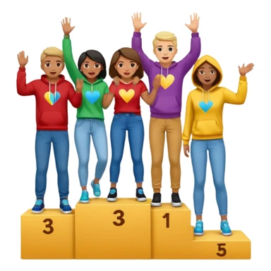 multi-racial people in colorful jeans t-shirts and hoodies on a winners’ podium middle step higher no numbers excited fun expressive emoji style sticker