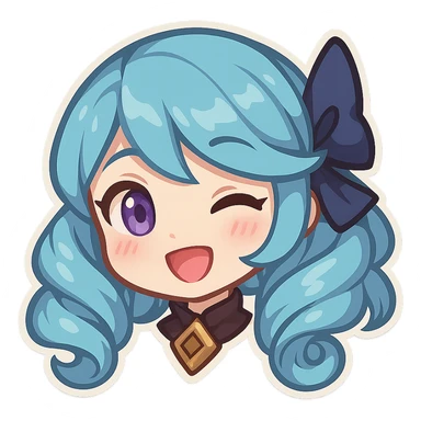 Gwen from League of Legends, happy expression, head only, right eye is purple, chibi style, slight tilt sticker