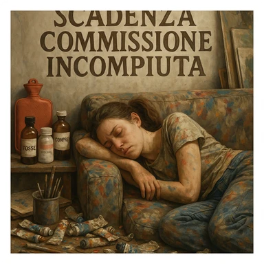 Young female artist asleep on a paint-stained sofa, above her the Italian text 'Scadenza commissione incompiuta', medicine bottles and hot water bottle arranged like war supplies, creative and chaotic atmosphere, hyperrealism 4K, visible tiredness, Italian texts in the image sticker
