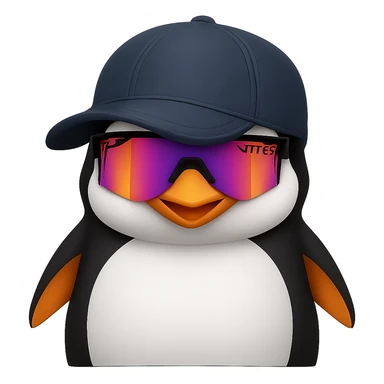 Add Pit Viper style sunglasses to the happy penguin with a baseball cap. Remove the background. Maintain the original style and look of the penguin. sticker
