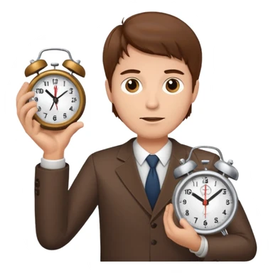 A man with brown hair holding an alarm clock sticker