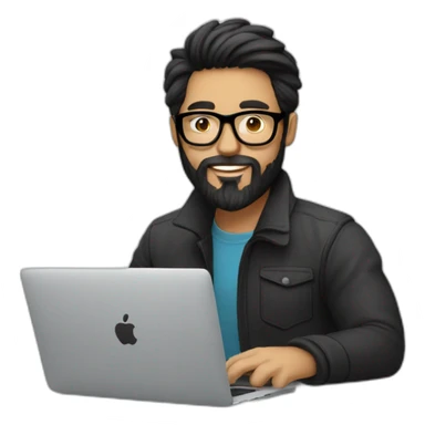 Designer with black hair, beard and glasses working with MacBook and drinking cappuccino  sticker