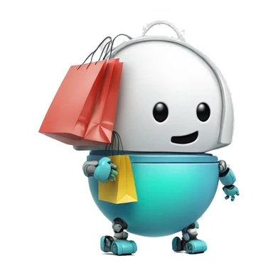 cute white floating spherical happy robot with floating shopping bags sticker