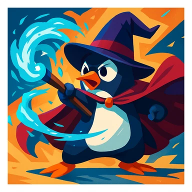 a heroic penguin wizard with a flowing cape, icy blue magic swirling around, in a dynamic, action-packed style sticker