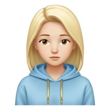 Woman with oval face, light blonde straight hair parted to the side, dreamy expression, wearing a light blue hoodie with gold and white accents sticker