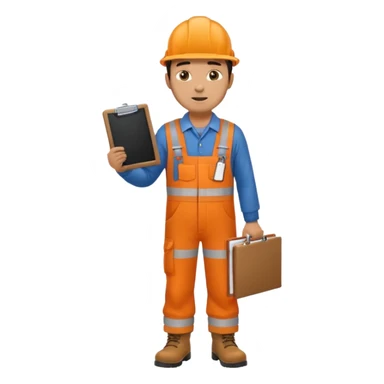 Male railway engineer orange overalls, boots holding a clipboard in one hand sticker
