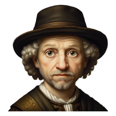 Cinematic Realistic Rembrandt Portrait Emoji, depicted as a master painter with deep reflective eyes and dramatic chiaroscuro, rendered with intricate textures and moody historic lighting that captures his timeless artistry. Caucasian sticker