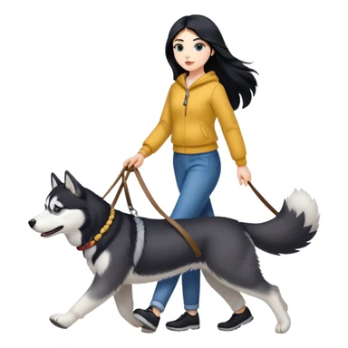 A girl with long black hair walks a husky sticker