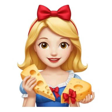  smiling Snow White with red bow holding triangle wedge of cheese sticker