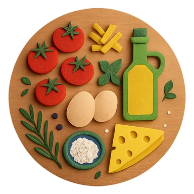 A realistic top-down view of a wooden kitchen table with various common ingredients neatly arranged (like tomatoes, pasta, eggs, cheese, herbs, olive oil). The background should be dark and soft to match a modern app interface. Lighting should highlight the ingredients naturally, with soft shadows. No text, no hands, minimalistic but warm and homely, like a mobile UI background for a cooking app. Should be circle sticker
