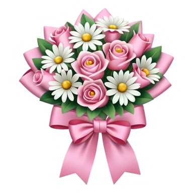 A bouquet of white and pink flowers rapped in a pink bow sticker