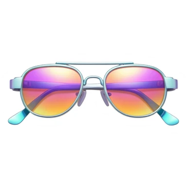 Colorful Y2K glasses with metallic frame, iridescent lenses, futuristic 2000s style sunglasses with digital vibes sticker