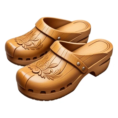 Cinematic Realistic Wooden Clogs Emoji, depicted as a pair of traditionally carved wooden clogs with intricate details and rustic charm. sticker