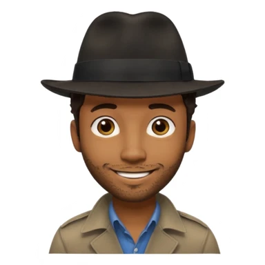 Black man photographer wearing black fedora, short dark brown messy hair, stubble, smiling sticker