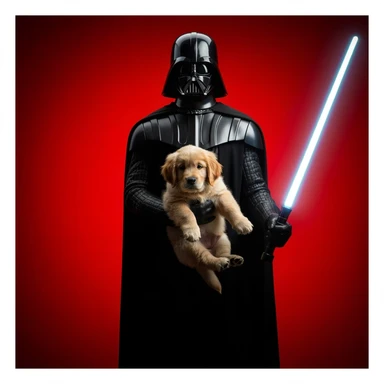 Photo of a darth vader holding puppy golden retriver, low key light, red solid background with leading lines, back light, spot light sticker