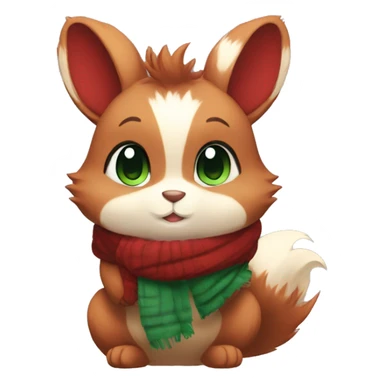 Cute, Chibi, chubby, fluffy, Kemono-style, Anthro, Fur-Sona, Dark-Red, Squirrel-Rabbit-hybrid-Fakémon, with a green scarf, full body sticker