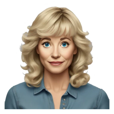 Medium length Dirty blonde poofy hair with bangs all across forehead and sides swept away from face woman of 60 with blue eyes  sticker