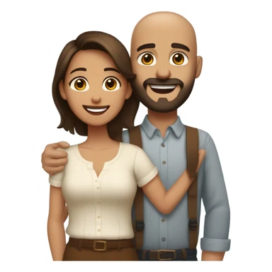 Brown-haired Puerto Rican woman with dark brown eyes wearing a cute blouse giving a comforting hug to a short, bald man with brown eyes, laugh lines, and a beard sticker