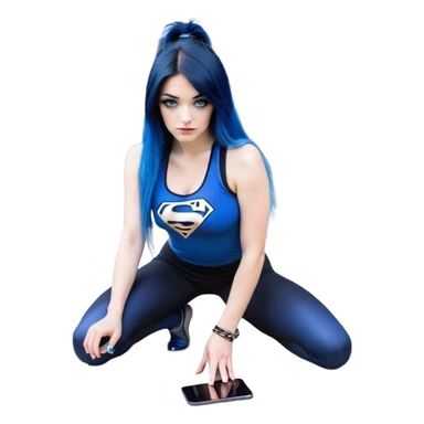 Shameful-head tilted-texting on phone-very very very large upper body-sexy face-bending forward at waist-very long very straight dark blue to light blue ombre hair-and-blue eyes-thick black eyeliner-thick long eyelashes-iridescent blue lowcut tanktop with black leggings with glitter superman logo sticker