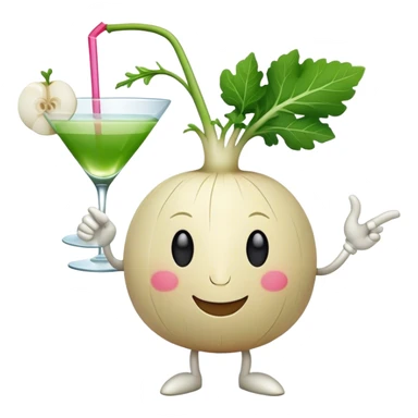 white turnip with smiling face and leafy stalk dancing and drinking a cocktail sticker
