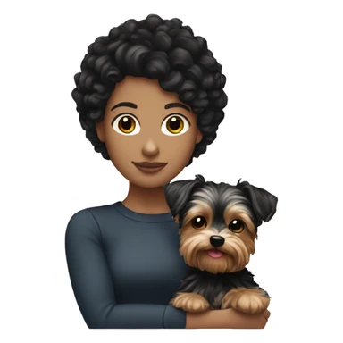 White girl with curly black hair holding Yorkie  sticker