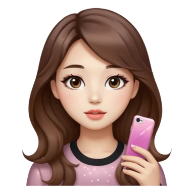 “korean straight brown hair Emoji girl, soft eyeliner and blush, gradient lips, light brown shimmer eyeshadow, sparkly aegyo-sal, long wavy hair,  sticker