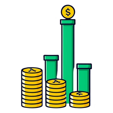 green upward arrow next to three stacks of gold coins in ascending height sticker