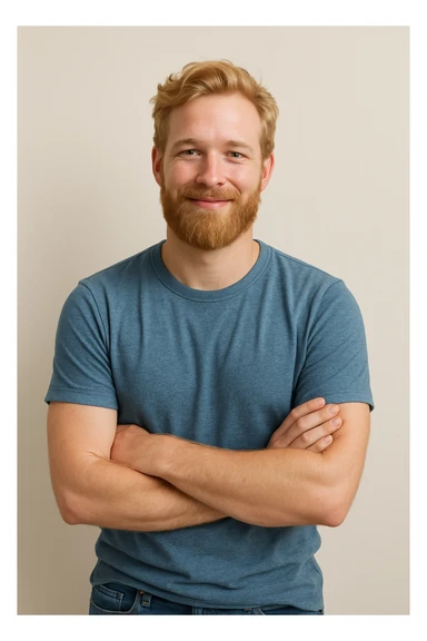 bearded blonde male, casual style, friendly look, minimal background sticker