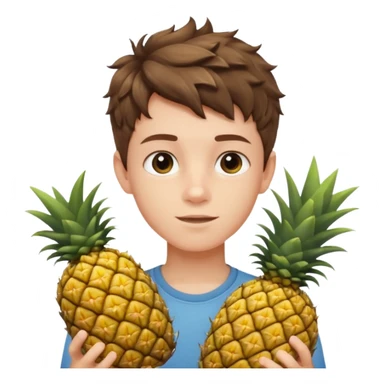 Pale young teenage boy with short wavy brown hair holding pineapple sticker