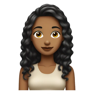 Una chica con cabello ondulado negro y largo hasta los hombros, con lindas pestañas y un top beig sticker