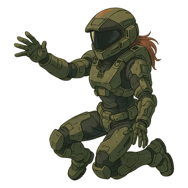 1 female, strengthened sIII spartan-3 helmet with a black visor, a tactical female space warrior floating in zero-g EVA operations, reaching in front of her sticker
