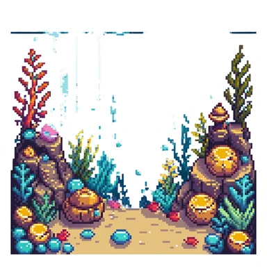 underwater level with bubbles, seaweed, and treasure in pixel art style sticker