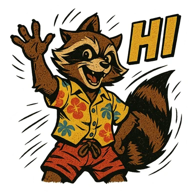 Rocket Raccoon Marvel Rivals summer skin, comic book style, waving, with text 'HI', transparent background sticker
