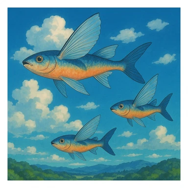 flying fish in the sky in ghibli style, vibrant, dreamy, detailed background sticker