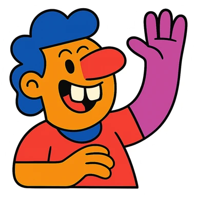 a smiling person with exaggerated nose, buck teeth, and hand raised, playful illustration, vibrant toon, bright and whimsical cartoon character sticker