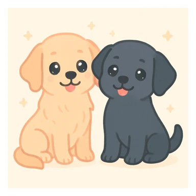 two animated dogs together, a golden retriever and a black labrador, warm illustration style sticker