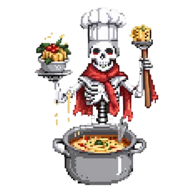 Papyrus from Undertale cooking spaghetti, tall skeleton with red scarf and white armor, enthusiastically stirring pasta in a pot, chef hat sticker
