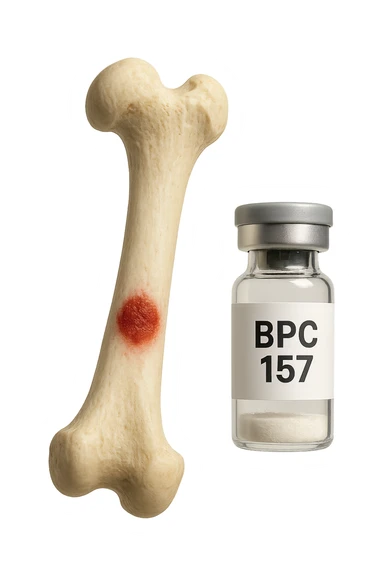 osso umano con red spot fluttua insiema a fiala medica con la scritta "BPC 157" SULL'ETICHETTA, iperrealistiche 4k sticker
