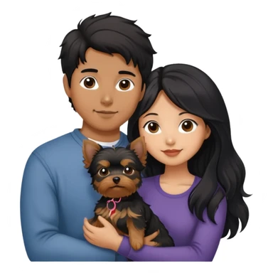 A couple holding a small Yorkshire Terrier together. The girl is Asian with long, luscious wavy black hair (loose, no hair tie). She is next to her boyfriend, a brown-skinned man with short middle part hair sticker