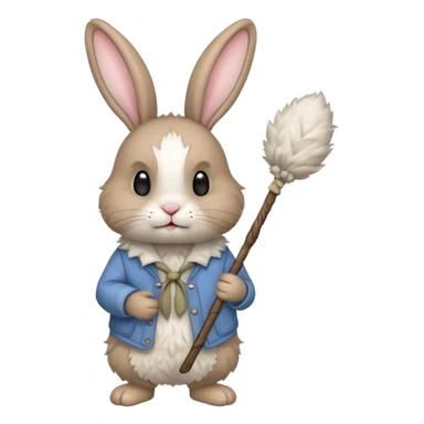 A fluffy rabbit with messy fur, carrying a patched little pouch tied to a stick, ears drooping but expression soft.
 sticker