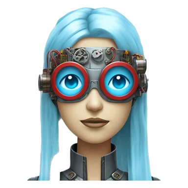 Light blue long hair female cyborg head with red steampunk goggles and circuits sticker