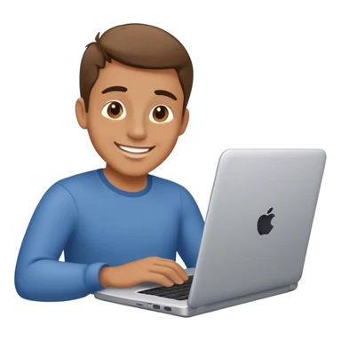 a man with a warm, friendly smile working on a laptop sticker