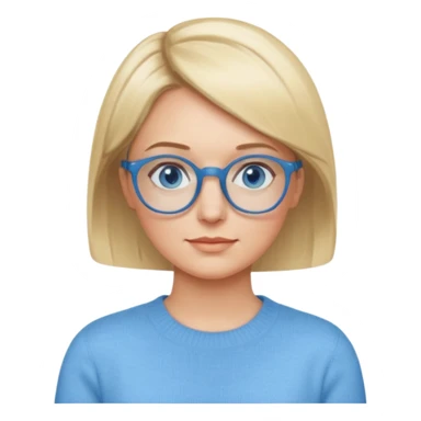 femme 40 ans cheveux courts garçon blond avec raie sur le coté, yeux bleu et lunettes rondes bleues sticker