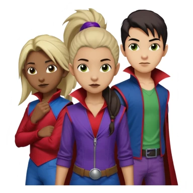 Solo poly platonic relationship, one African girl, one Asian boy, one biracial features Asian tomboy girl rat-tail hair long and upper masculine hair 90s, vampire and marvel cosplay elements inspired  use marvel race, like instead of obvious human, green purple blue etc,  sticker